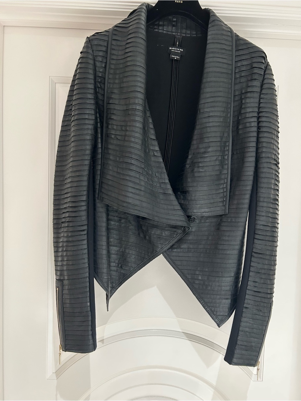 Marciano Black Ribbed Draped Leather Moto Jacket
